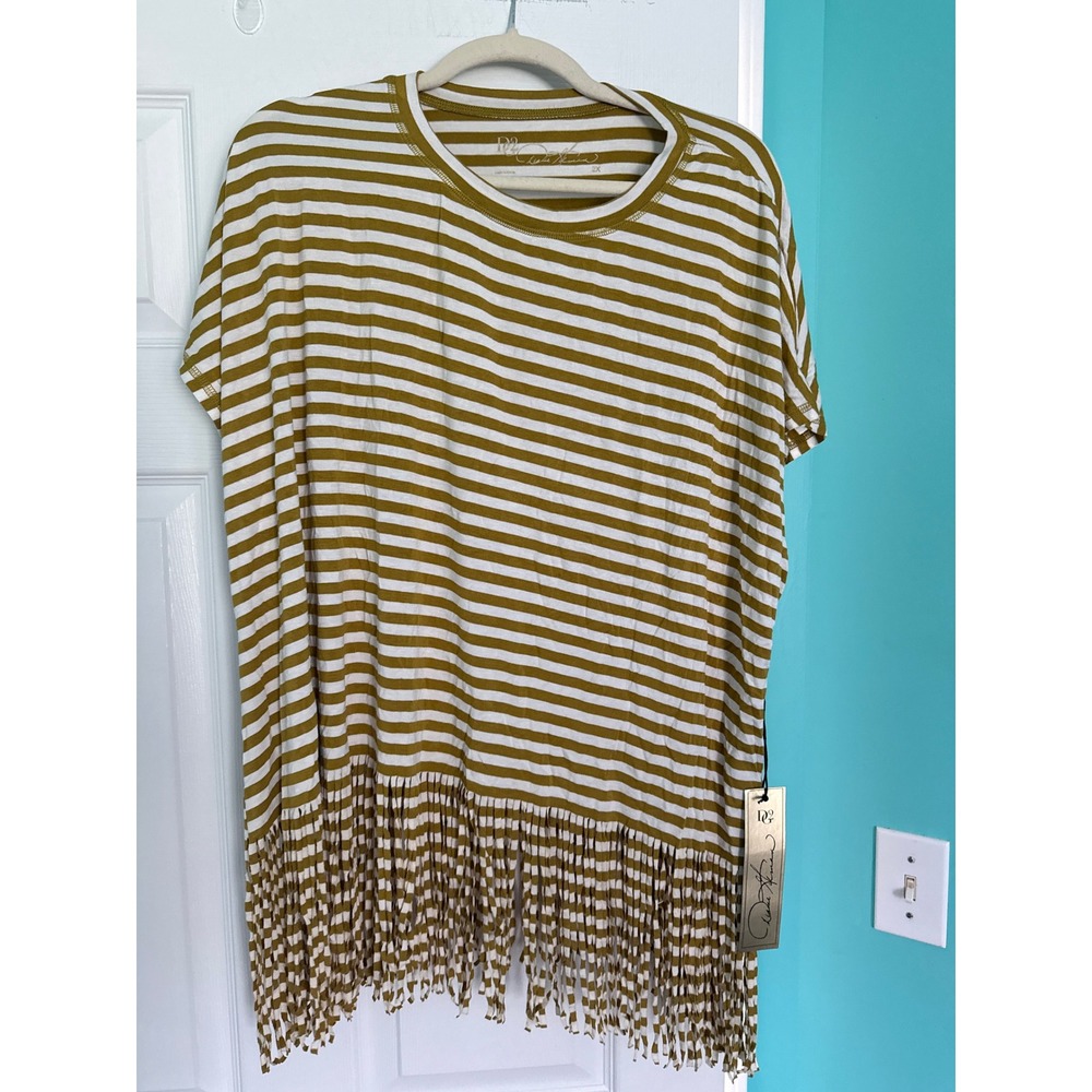 Rachel Rachel Roy Women Mustard White Striped Fringe Short Sleeve T-Shirt 2X